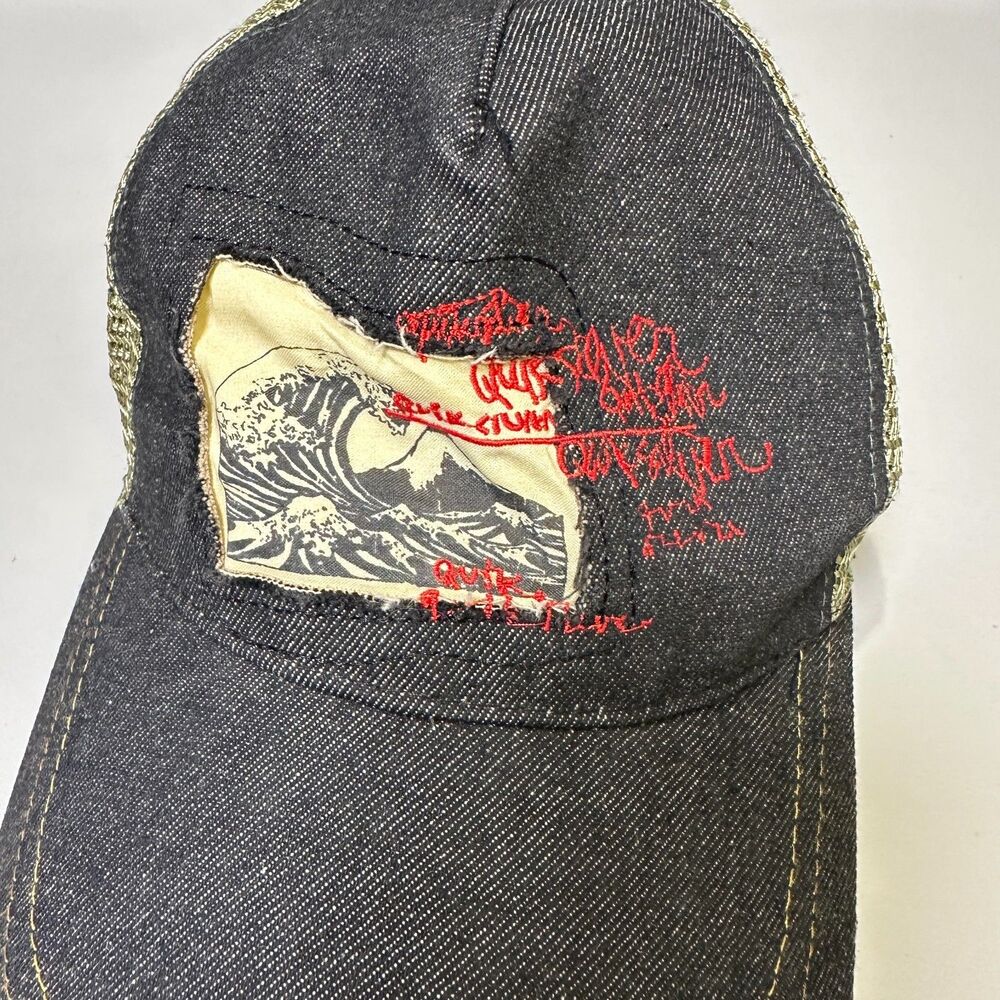 Quiksilver Trucker Hat Black Denim Snapback Great Wave Patch Streetwear Surf Cap